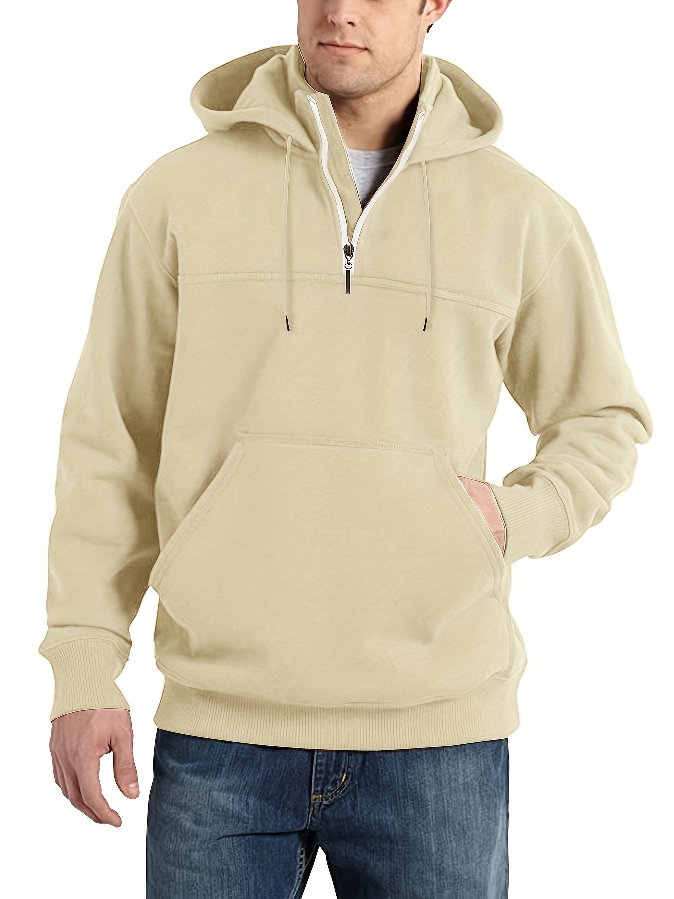 Men's New Knitted Casual Hooded Sweatshirt - Spring and Autumn Trendy Top | Suitable as a Gift - Quarter Zip - Regular Fit - Long Sleeve - Solid Color