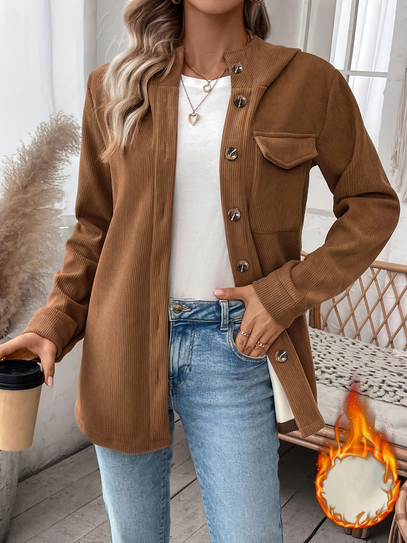 Plus Size - Plus Size Women'S Warm Fleece-Lined Vintage Versatile Long Sleeve Jacket | Hooded, Single-Breasted with Front Pockets, Elegant Solid Color, Non-Stretch Fabric, Ideal for Parties, Social Events, and Casual Wear