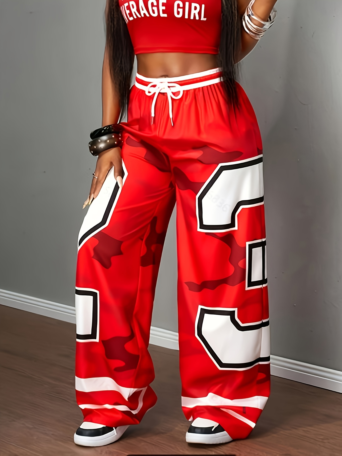 Women's Wide-Leg Pants - Red & Camo Leggings, Drawstring Waist, Loose Fit Trousers for, Everyday Outfits - Machine Washable Bottoms (Single-Piece)
