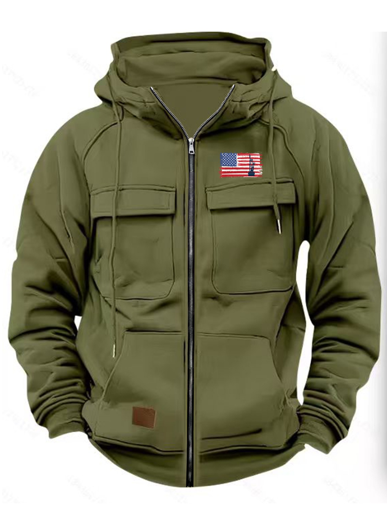 Men's Long Sleeve Zip-Up Hooded Sweatshirt with Multiple Pockets, American Flag and Statue of Liberty Print, Fashionable Outdoor Sport Jacket for Autumn, Winter, and Spring
