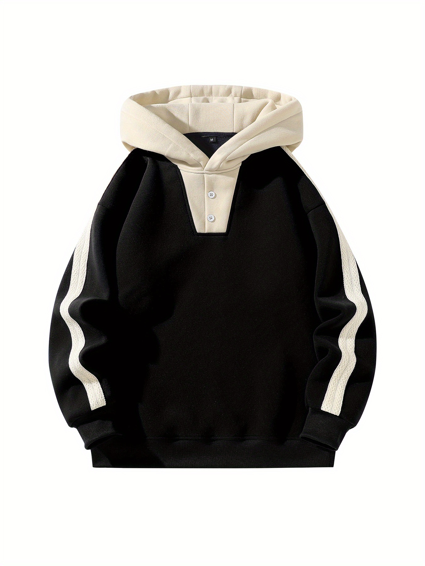 1pc Men's Casual Hooded Button-Up Collar Sweatshirt - Navy & Contrast Trim, Regular Fit, Machine Washable, Springu002FFall Transitional Wear for Casual & Commute