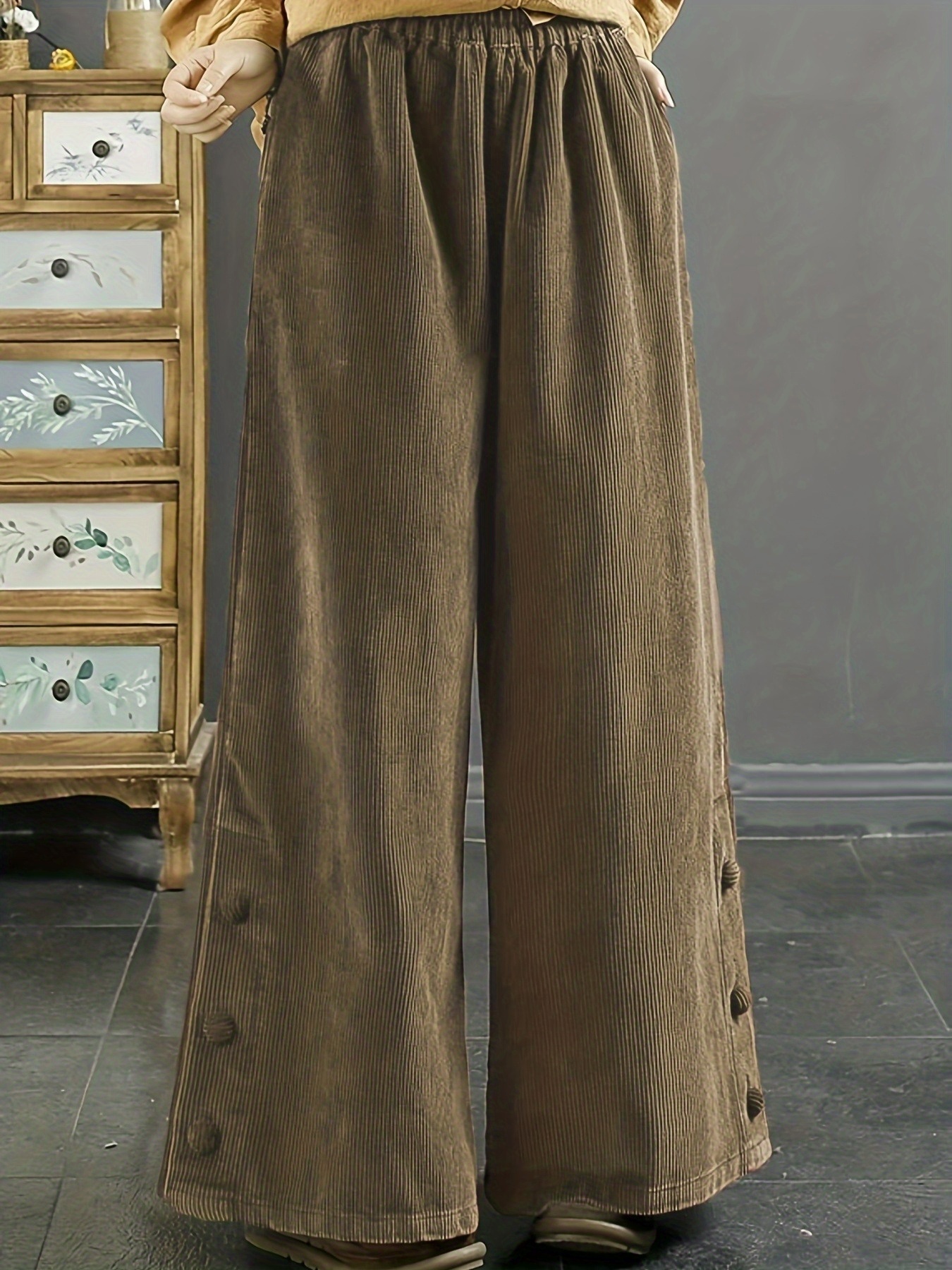 Casual Corduroy Wide Leg Pants with Elastic Waist and Pockets | Button Details at Hem, Long Length, Solid Color for Fallu002FWinter
