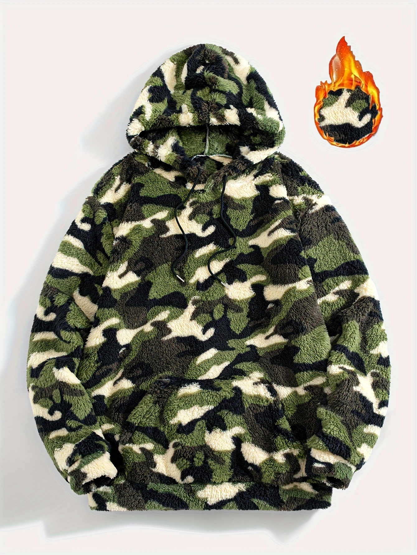Men's Plush Camouflage Hooded Sweatshirt for Autumn and Winter, Casual Warm Sweatshirt for Daily Leisure and Outdoor Sports