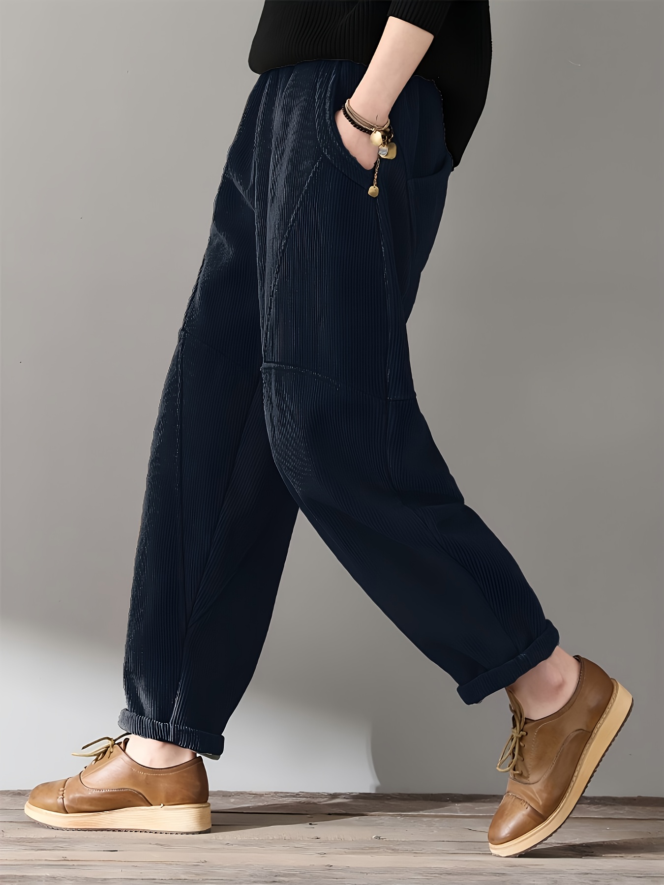 Women's Autumnu002FWinter Pants. Fashionable Bestseller Corduroy Fabric, Elegant, Pockets, Multi-Panel Casual Pants, New Elastic Waistband, Bestseller Long Pants