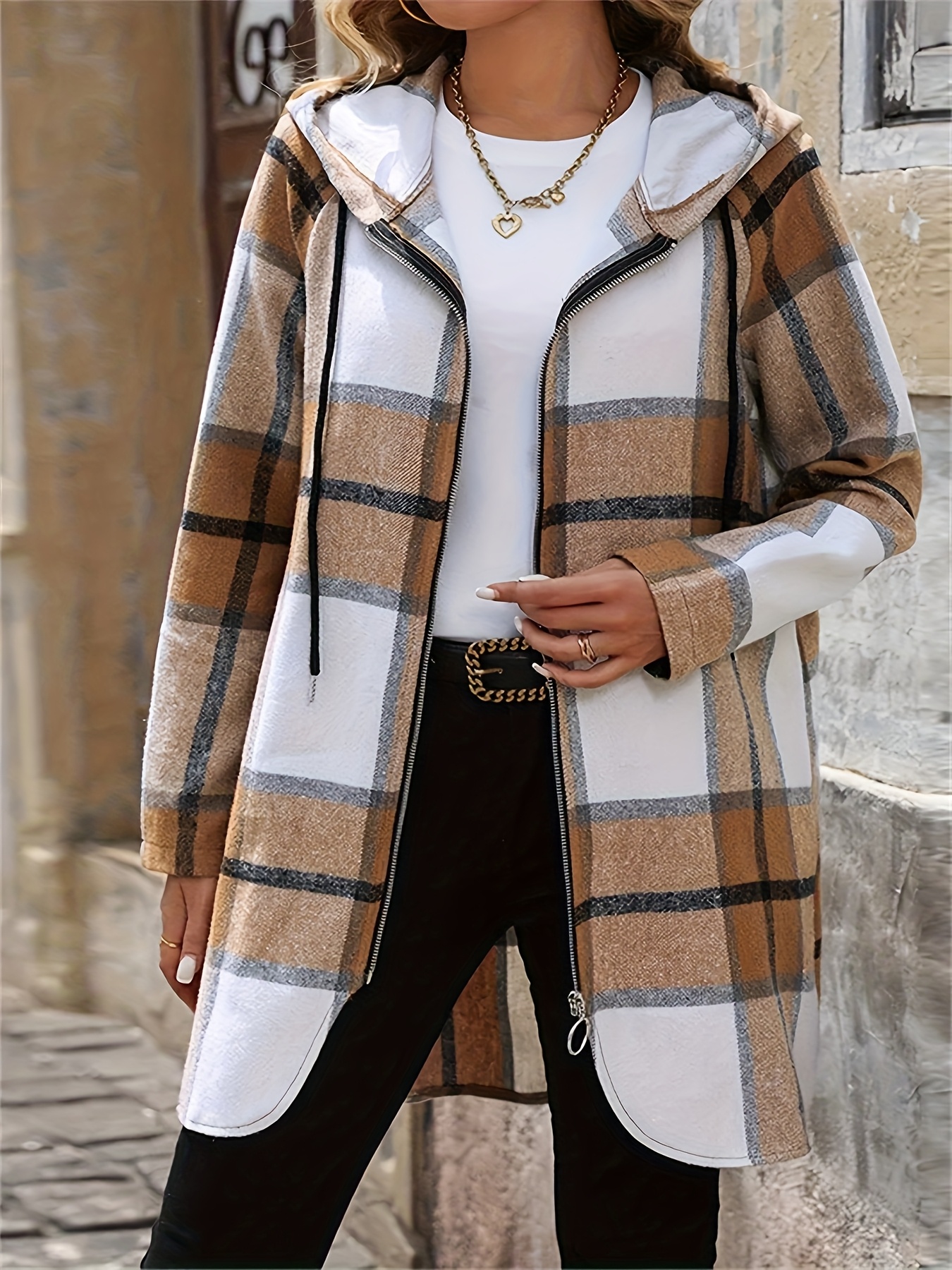Plus Size, Plus Size Plaid Hooded Zip-Up Jacket