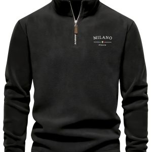 Fashion Embroidered Autumnu002FWinter New Men's -Lined Stand Collar Zip-Up Sweatshirt, Long-Sleeved, 4u002F1 Ribbed Knit Pullover